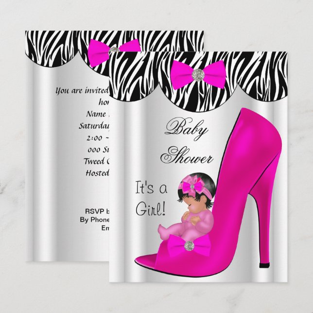 Invitación Cute Chica Baby Shower Hot Pink Baby Shoes (Anverso / Reverso)