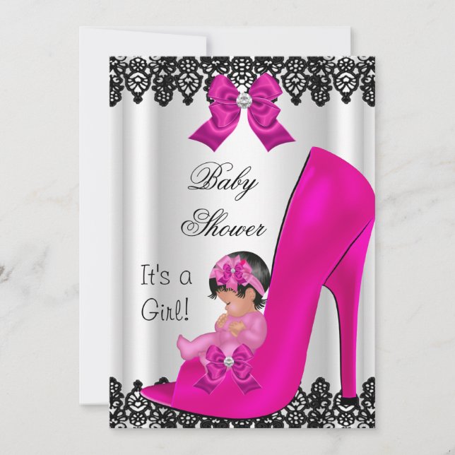 Invitación Cute Chica Baby Shower Hot Pink Shoe Black Lace (Anverso)