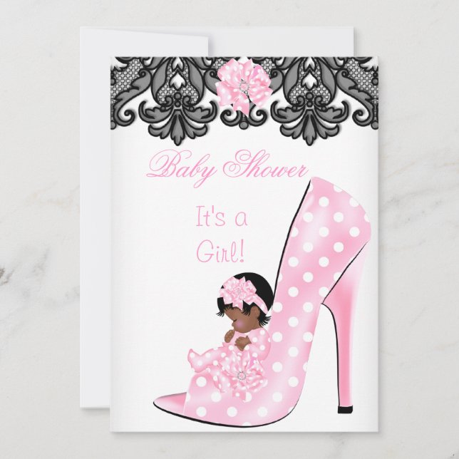 Invitación Cute Chica Baby Shower Pink Baby Shoe Lace AM (Anverso)