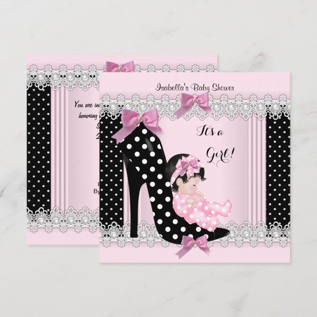 Invitación Cute Chica Baby Shower Pink Polka Dots High Heat 6 (Anverso / Reverso)
