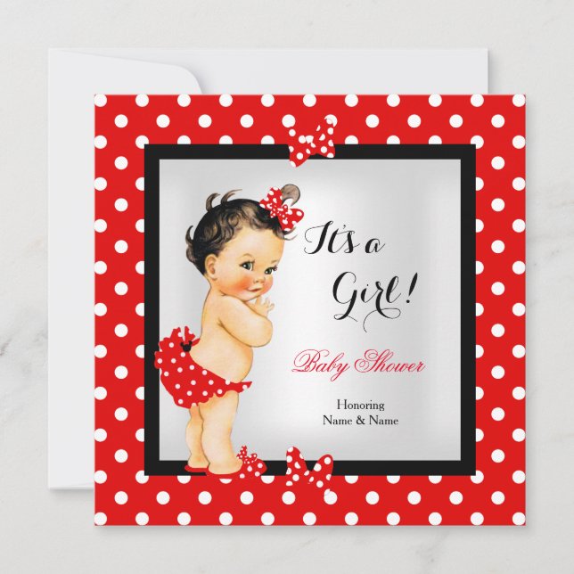 Invitación Cute Chica Baby Shower Red Black Brunette (Anverso)