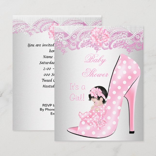 Invitación Cute Chica Baby Shower Rosa Baby Shoe Lace (Anverso / Reverso)