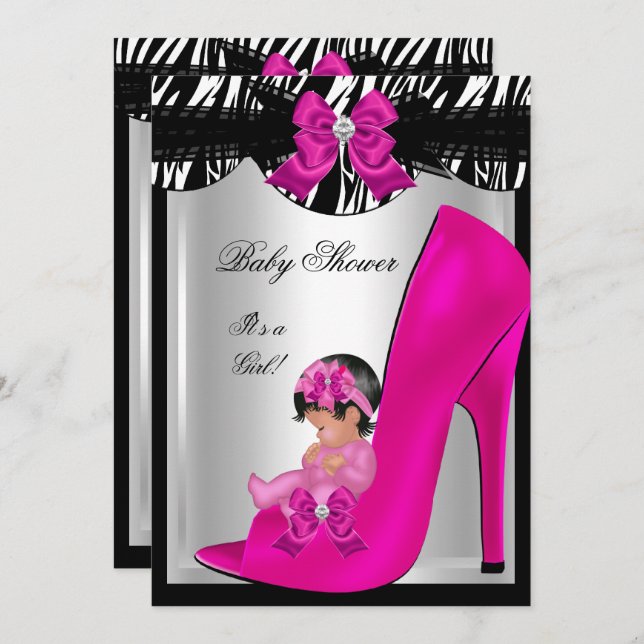 Invitación Cute Chica Baby Shower Zebra Hot Pink Baby Shoe (Anverso / Reverso)