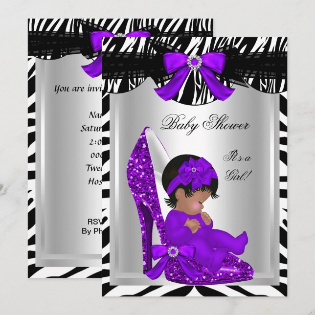 Invitación Cute Chica Baby Shower Zebra Purple Baby Shoe 2 (Anverso / Reverso)
