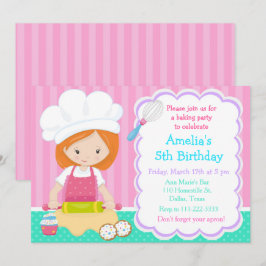 Invitación Cute Chica de pelo rojo horneando fiesta de cumple