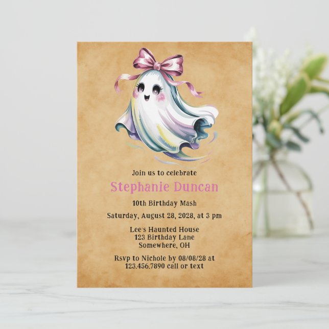 Invitación Cute Chica Ghost Birthday Mash (Anverso de pie)