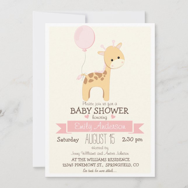 Invitación Cute Chica Giraffe, Jungle Zoo Animal Baby Shower (Anverso)