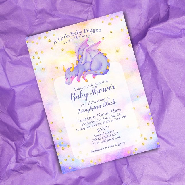 Invitación Cute Chica Gold Purple Dragon Baby Shower (Subido por el creador)