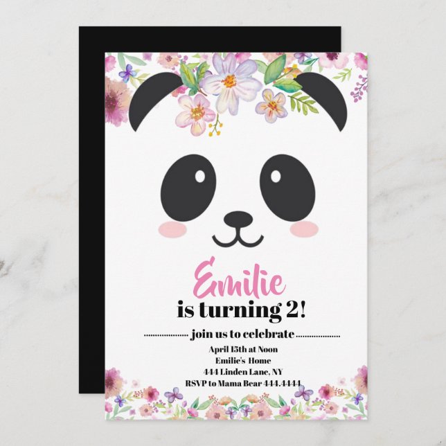 Invitación Cute Chica Panda Bear Cumpleaños (Anverso / Reverso)