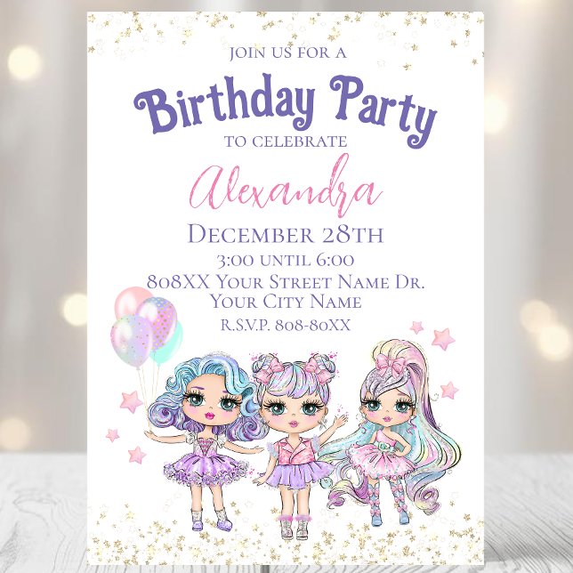 Invitación Cute Chica Purpurina Dolls Fiesta de Cumpleaños (Subido por el creador)