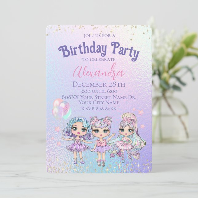 Invitación Cute Chica Purpurina Dolls Holographic Birthday Pa (Anverso de pie)