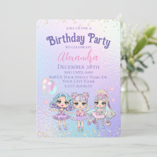 Invitación Cute Chica Purpurina Dolls Holographic Birthday Pa