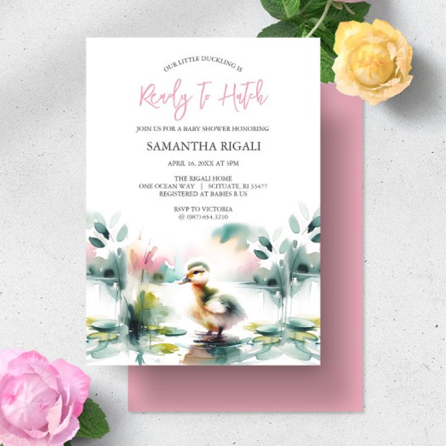 Invitación Cute Chica Watercolor Duck Baby Shower (Duck baby shower invitations for girl feature pastel watercolor art exclusive to Do Tell A Belle)