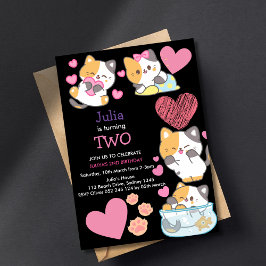 Invitación Cute chicas de gatitos negro de segundo cumpleaños
