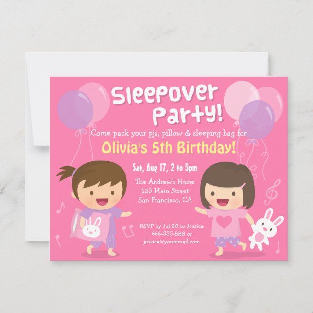 Invitación Cute Chicas Sleepover Slumber Birday Party (Anverso)