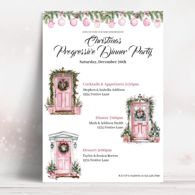 Invitación Cute Christmas Holiday Progressive Dinner Pink (Subido por el creador)