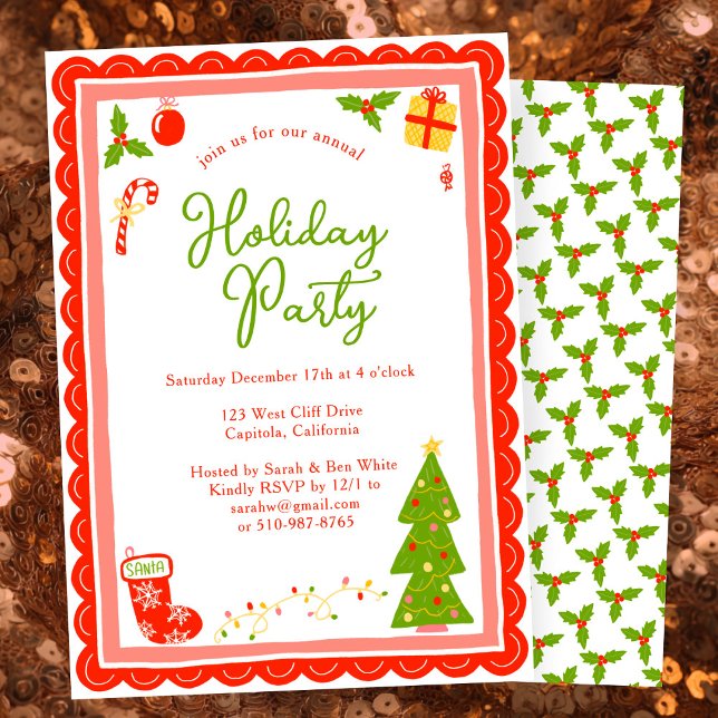 Invitación Cute Christmas Icons Scallop CUSTOM Holiday Party (Cute Christmas Icons Scalloped Edges Whimsical CUSTOM Holiday Party Invitation
)