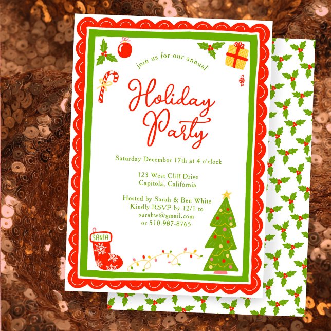 Invitación Cute Christmas Icons Scallop CUSTOM Holiday Party (Cute Christmas Icons Scalloped Edge CUSTOM Holiday Party Invitation
)