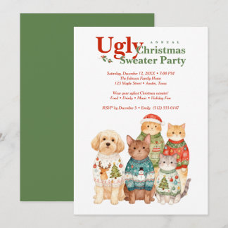 Invitación Cute Christmas Pets Sweater Party Green TMF26