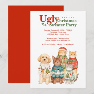 Invitación Cute Christmas Pets Sweater Party Red TMF26