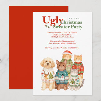 Invitación Cute Christmas Pets Sweater Party Red TMF26