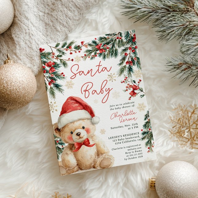 Invitación Cute Christmas Winter Teddy Bear Santa Baby Shower (Cute Christmas Winter Teddy Bear Santa Baby Shower Invitation)