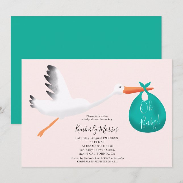 Invitación Cute cigüeña verde azulada bolsa ilustracion de be (Anverso / Reverso)