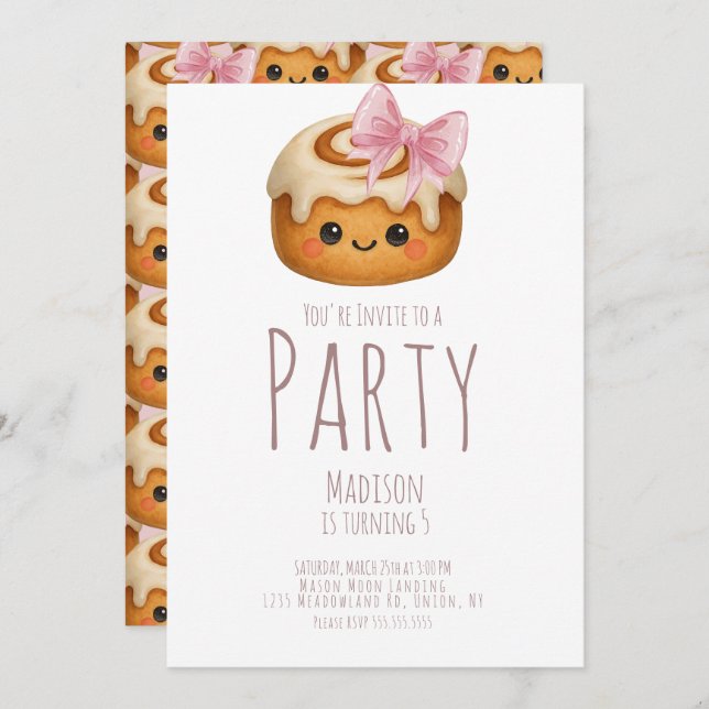 Invitación Cute Cinnamon Roll Bun Girl Birthday Party (Anverso / Reverso)