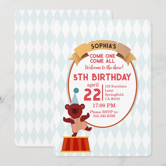 Invitación Cute Circus Bear Birthday  (Anverso / Reverso)
