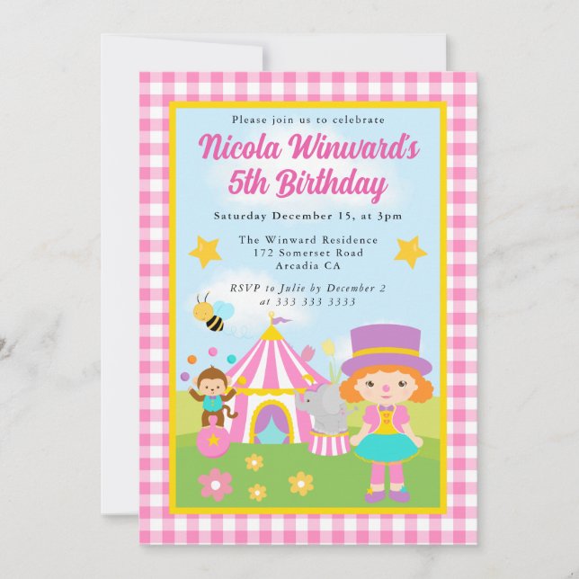 Invitación Cute Circus Red Haired Chica Entrenador Niños Cump (Anverso)