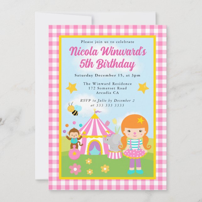 Invitación Cute Circus Red Haired Chica Entrenador Niños Cump (Anverso)