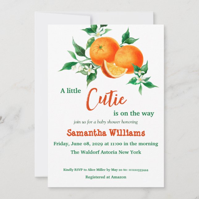 Invitación Cute Citrus Little Cutie Naranja Baby Shower (Anverso)