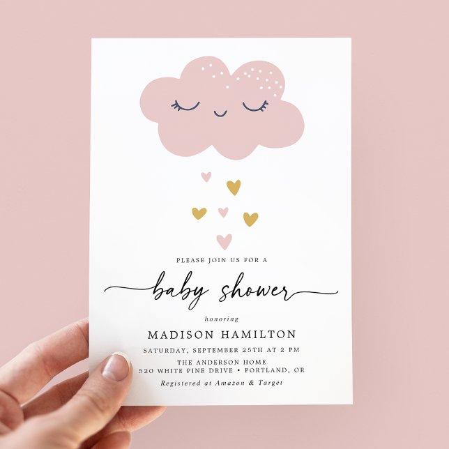 Invitación Cute Cloud and Hearts Pink and Gold Baby Shower (Subido por el creador)