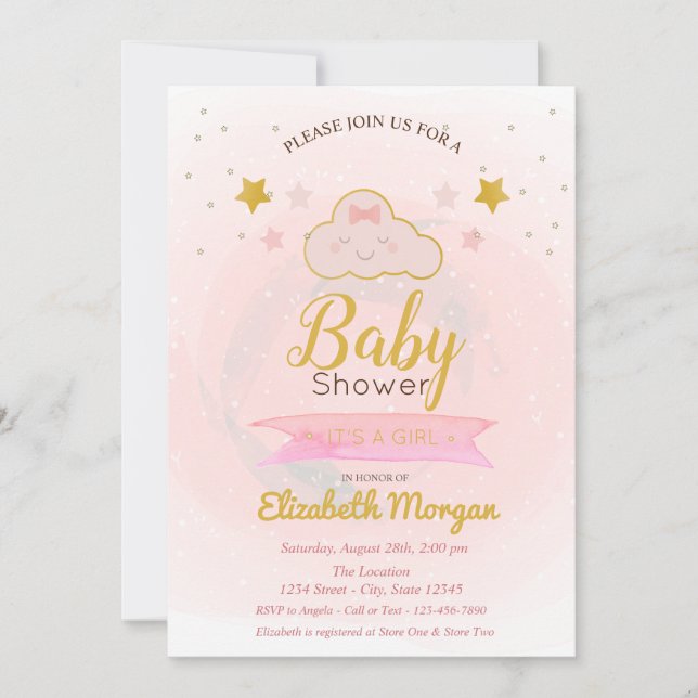 Invitación Cute Cloud, Stars It's a Chica Baby Shower (Anverso)