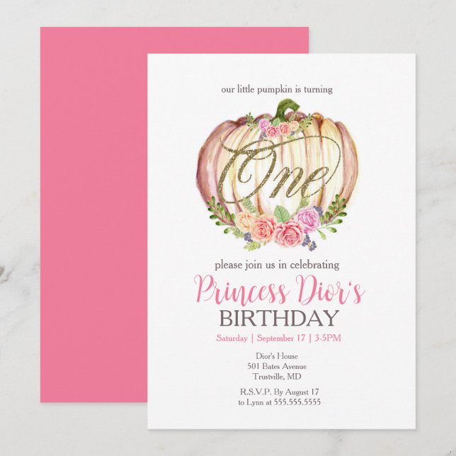 Invitación Cute color de calabaza rosa primer cumpleaños (Anverso / Reverso)
