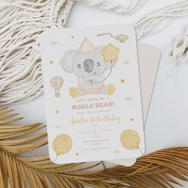 Invitación Cute color rosa Koala Primer cumpleaños Fiesta del (Subido por el creador)