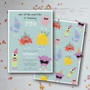 Invitación Cute Colorful Monsters Blue Boys Fiesta de cumplea