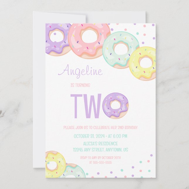 Invitación Cute Colorful Sprinkle Donuts 2nd Birthday (Anverso)