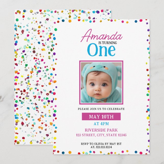 Invitación Cute colorida foto de Confetti primer cumpleaños (Anverso / Reverso)