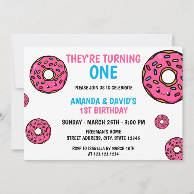 Invitación Cute colorido Kawaii Donut Twin Joint 1er cumpleañ (Anverso)