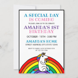 Invitación Cute colorido Rainbow Unicorn Tema de primer cumpl