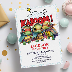 Invitación Cute cómico libro tortugas superhéroe niño cumplea