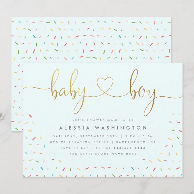 Invitación Cute Confetti Sprinkle Gold Boy Baby Shower (Anverso / Reverso)