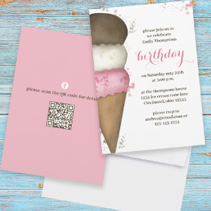 Invitación Cute Cono de Helado Cumpleaños Código QR Acuarela