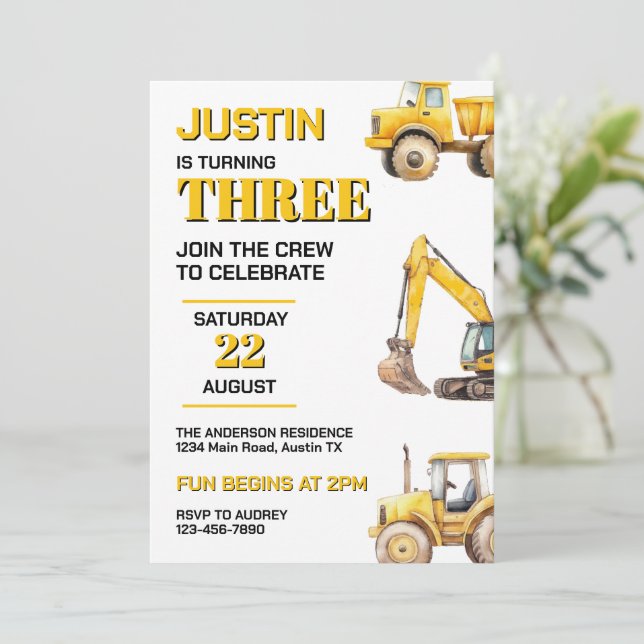 Invitación Cute Construcción Cualquier Fiesta de Cumpleaños d (Anverso de pie)