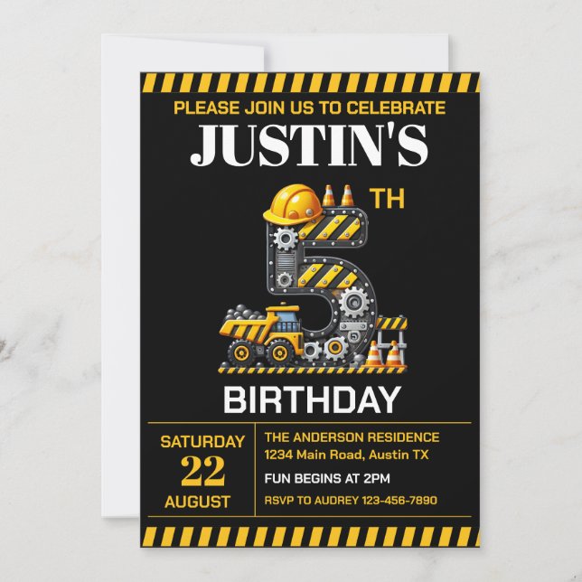 Invitación Cute Construction 5ª fiesta de cumpleaños (Anverso)