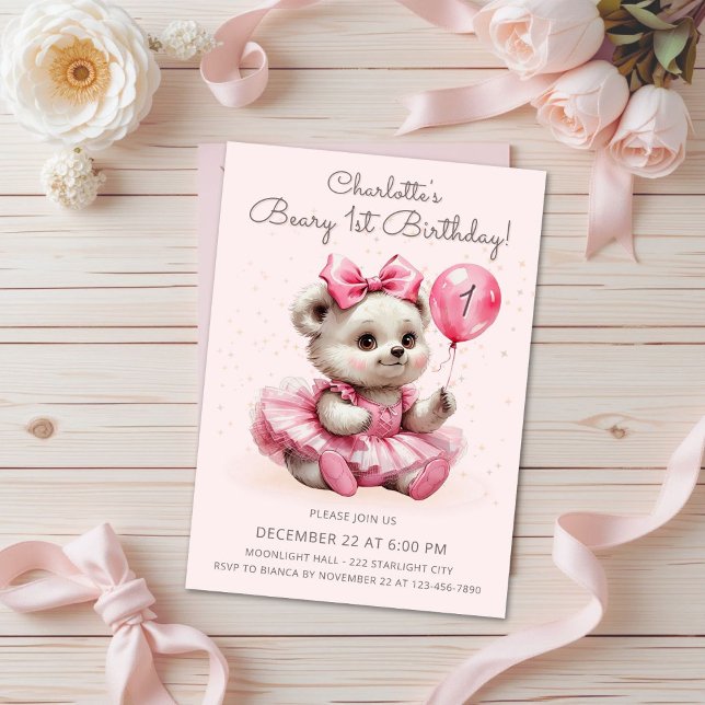 Invitación Cute Coquette Ballerina Bear Beary 1º cumpleaños (Subido por el creador)