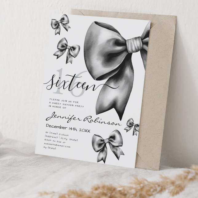 Invitación Cute Coquette Black Bow Sweet 16 (Cute Coquette Black Bow Sweet 16 Invitation)