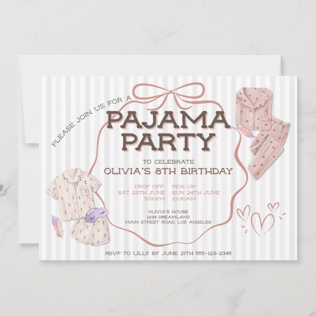 Invitación Cute Coquette Bow Pajama fiesta a rayas (Anverso)