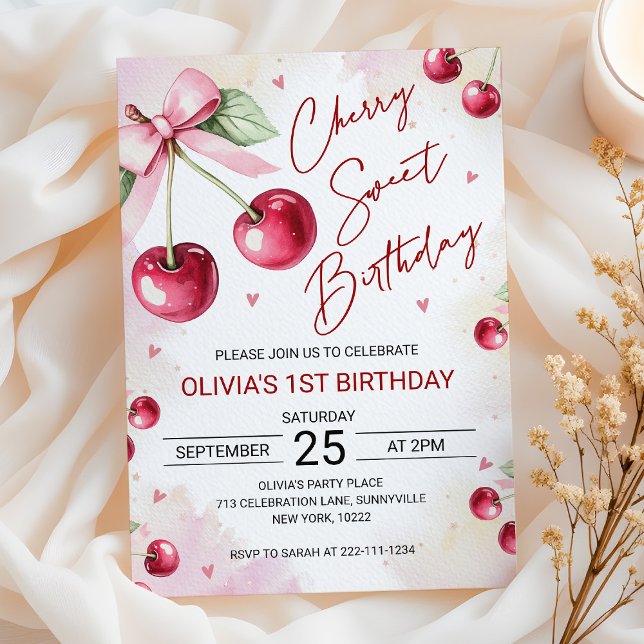 Invitación Cute Coquette Cherry Sweet Birthday Invitation (Subido por el creador)